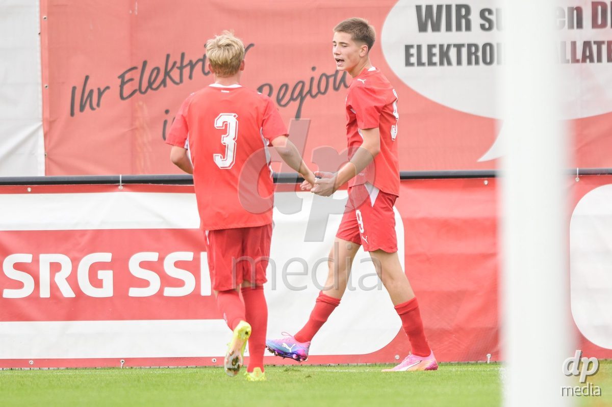 CHUR, SWITZERLAND - September 10: Rafael Rudin of Switzerland celebrate the 4-1 gol during the International friendly match between Switzerland U16 and Luxembourg U16 at Stade de Chur on September 10,2026 in Chur, Switzerland
