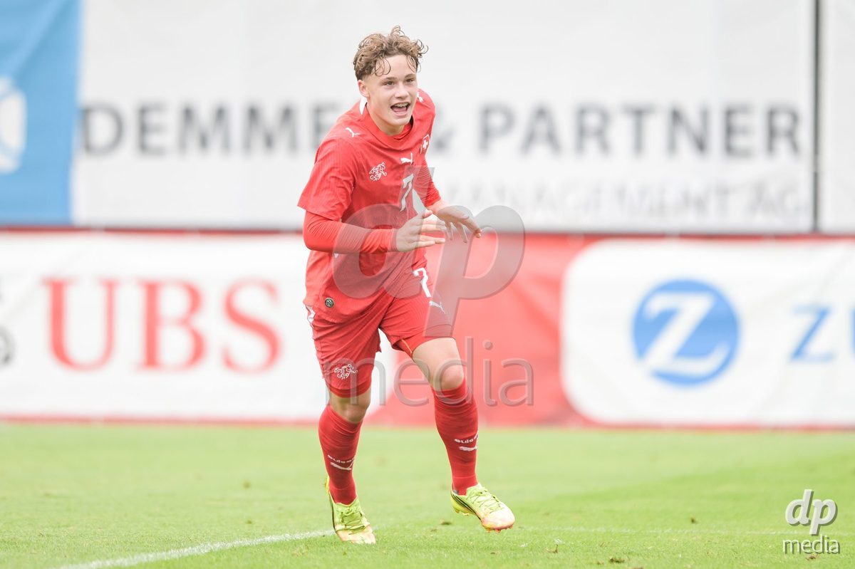 CHUR, SWITZERLAND - September 10: Noel Vinzenz Telser of Switzerland celebrate the 5-1 gol during the International friendly match between Switzerland U16 and Luxembourg U16 at Stade de Chur on September 10,2026 in Chur, Switzerland