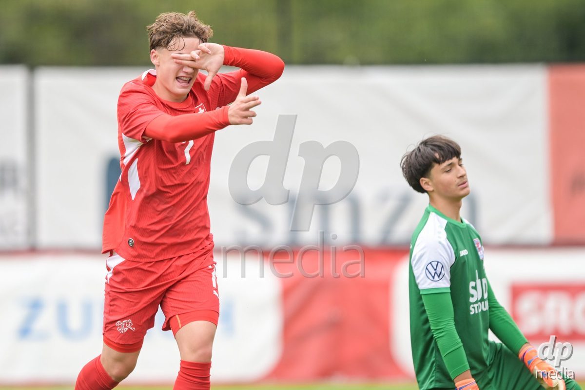 CHUR, SWITZERLAND - September 10: Noel Vinzenz Telser of Switzerland celebrate the 5-1 gol during the International friendly match between Switzerland U16 and Luxembourg U16 at Stade de Chur on September 10,2026 in Chur, Switzerland