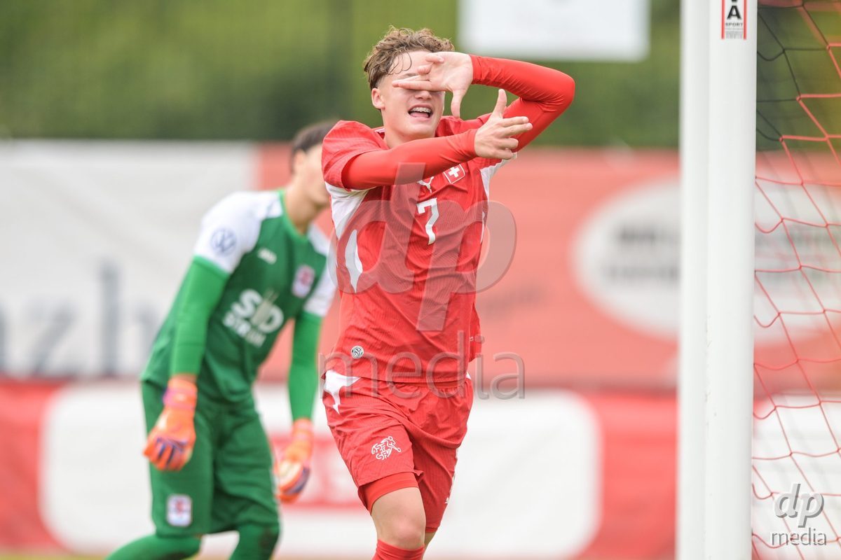 CHUR, SWITZERLAND - September 10: Noel Vinzenz Telser of Switzerland celebrate the 5-1 gol during the International friendly match between Switzerland U16 and Luxembourg U16 at Stade de Chur on September 10,2026 in Chur, Switzerland