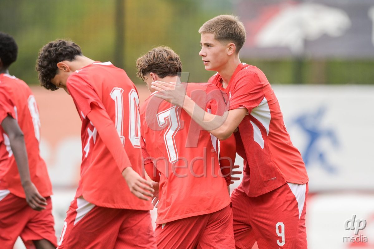 CHUR, SWITZERLAND - September 10: Noel Vinzenz Telser of Switzerland celebrate the 5-1 gol during the International friendly match between Switzerland U16 and Luxembourg U16 at Stade de Chur on September 10,2026 in Chur, Switzerland