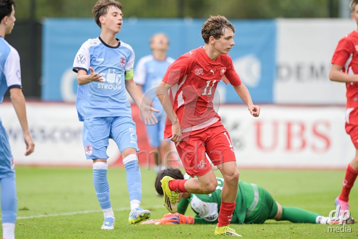CHUR, SWITZERLAND - September 10: Elon Sinani of Switzerland sign the 7-1 gol during the International friendly match between Switzerland U16 and Luxembourg U16 at Stade de Chur on September 10,2026 in Chur, Switzerland