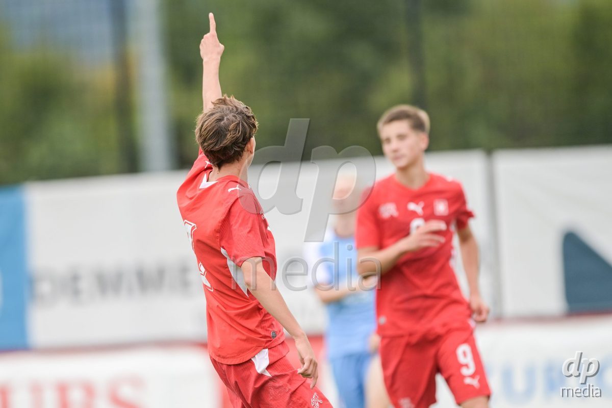 CHUR, SWITZERLAND - September 10: Elon Sinani of Switzerland celebrate the 7-1 gol during the International friendly match between Switzerland U16 and Luxembourg U16 at Stade de Chur on September 10,2026 in Chur, Switzerland