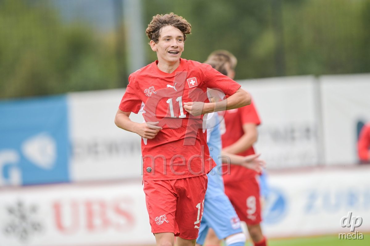 CHUR, SWITZERLAND - September 10: Elon Sinani of Switzerland celebrate the 7-1 gol during the International friendly match between Switzerland U16 and Luxembourg U16 at Stade de Chur on September 10,2026 in Chur, Switzerland