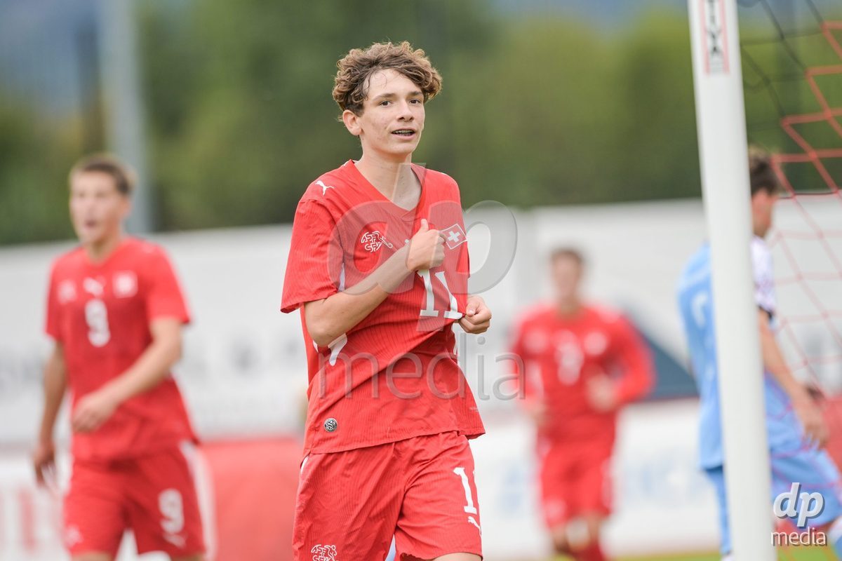 CHUR, SWITZERLAND - September 10: Elon Sinani of Switzerland celebrate the 7-1 gol during the International friendly match between Switzerland U16 and Luxembourg U16 at Stade de Chur on September 10,2026 in Chur, Switzerland