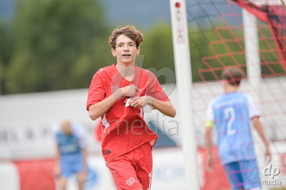 CHUR, SWITZERLAND - September 10: Elon Sinani of Switzerland celebrate the 7-1 gol during the International friendly match between Switzerland U16 and Luxembourg U16 at Stade de Chur on September 10,2026 in Chur, Switzerland