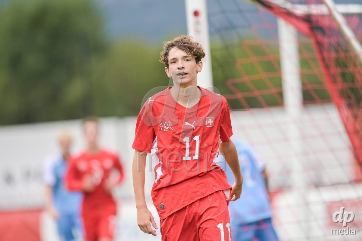 CHUR, SWITZERLAND - September 10: Elon Sinani of Switzerland celebrate the 7-1 gol during the International friendly match between Switzerland U16 and Luxembourg U16 at Stade de Chur on September 10,2026 in Chur, Switzerland