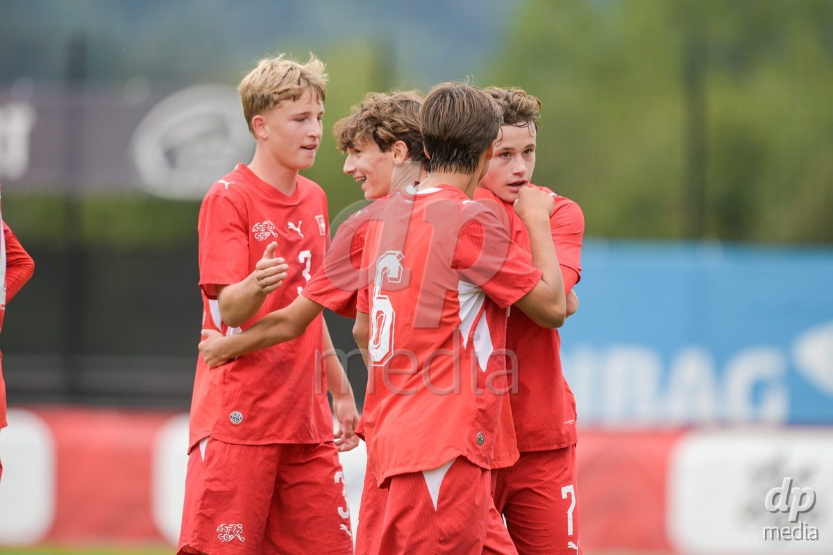 CHUR, SWITZERLAND - September 10: Elon Sinani of Switzerland celebrate the 7-1 gol during the International friendly match between Switzerland U16 and Luxembourg U16 at Stade de Chur on September 10,2026 in Chur, Switzerland