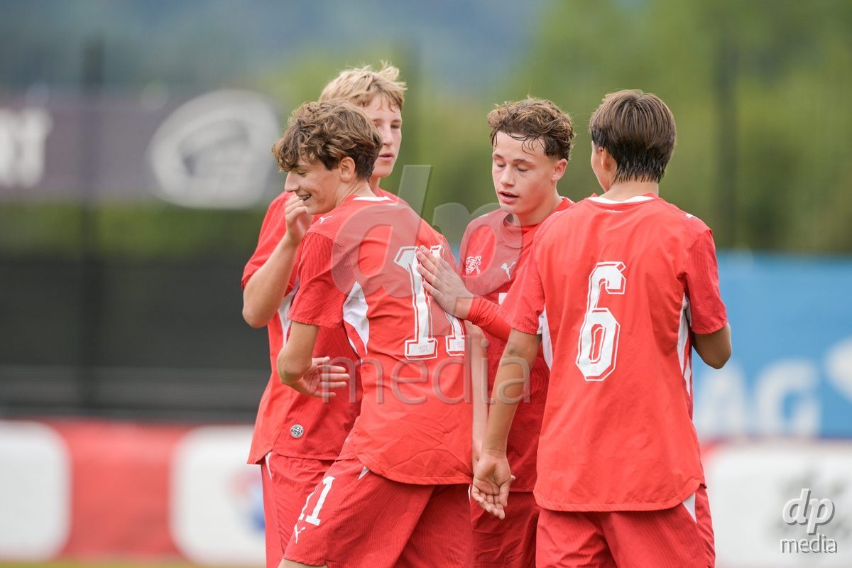 CHUR, SWITZERLAND - September 10: Elon Sinani of Switzerland celebrate the 7-1 gol during the International friendly match between Switzerland U16 and Luxembourg U16 at Stade de Chur on September 10,2026 in Chur, Switzerland