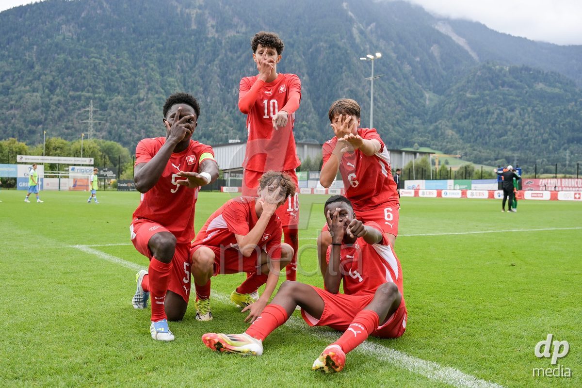 CHUR, SWITZERLAND - September 10: Yanis Sadiki, Manuel Meudje, Juan Manuel Acosta Leal, Loic Biaya Selambe and Elon Sinani of Switzerland celebrate the victory after the International friendly match between Switzerland U16 and Luxembourg U16 at Stade de Chur on September 10,2026 in Chur, Switzerland