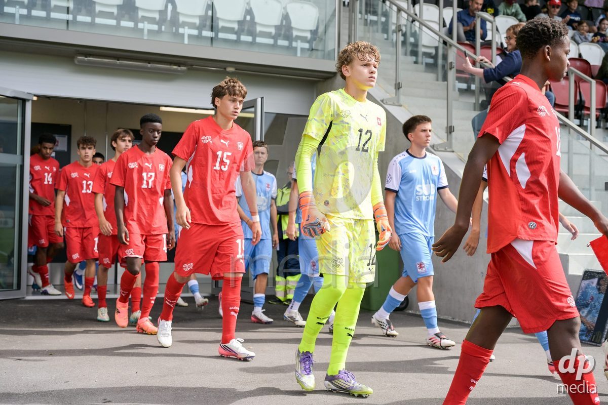 CHUR, SWITZERLAND - September 10: The players enter the field during the International friendly match between Switzerland U16 and Luxembourg U16 at Stade de Chur on September 10,2026 in Chur, Switzerland