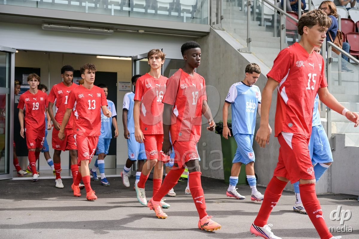 CHUR, SWITZERLAND - September 10: The players enter the field during the International friendly match between Switzerland U16 and Luxembourg U16 at Stade de Chur on September 10,2026 in Chur, Switzerland
