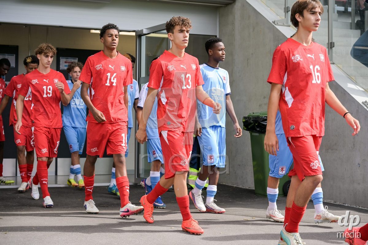 CHUR, SWITZERLAND - September 10: The players enter the field during the International friendly match between Switzerland U16 and Luxembourg U16 at Stade de Chur on September 10,2026 in Chur, Switzerland