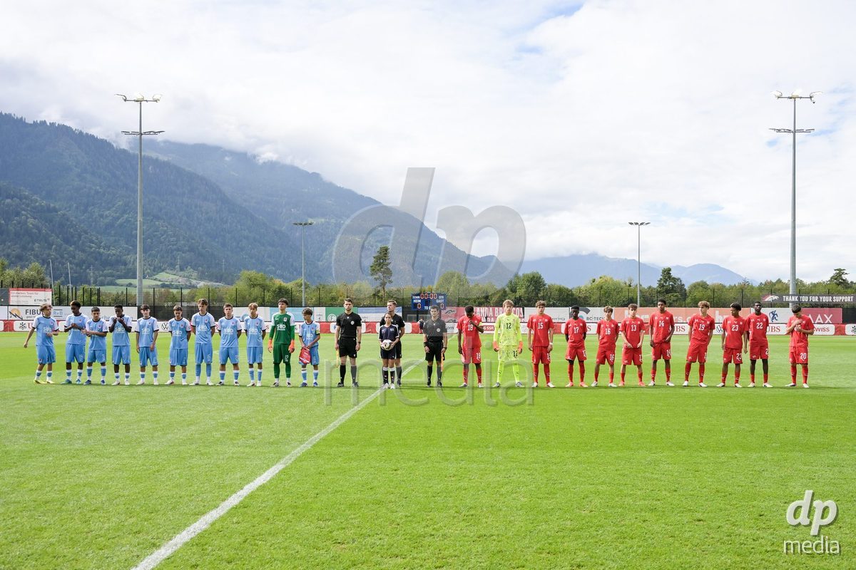CHUR, SWITZERLAND - September 10: The national teams U16 team on the pitch for the national anthem during the International friendly match between Switzerland U16 and Luxembourg U16 at Stade de Chur on September 10,2026 in Chur, Switzerland