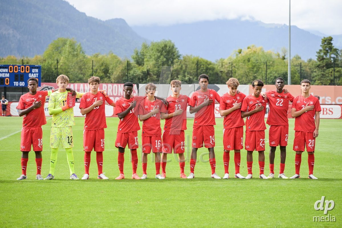 CHUR, SWITZERLAND - September 10: The Switzerland U16 team on the pitch for the national anthem during the International friendly match between Switzerland U16 and Luxembourg U16 at Stade de Chur on September 10,2026 in Chur, Switzerland