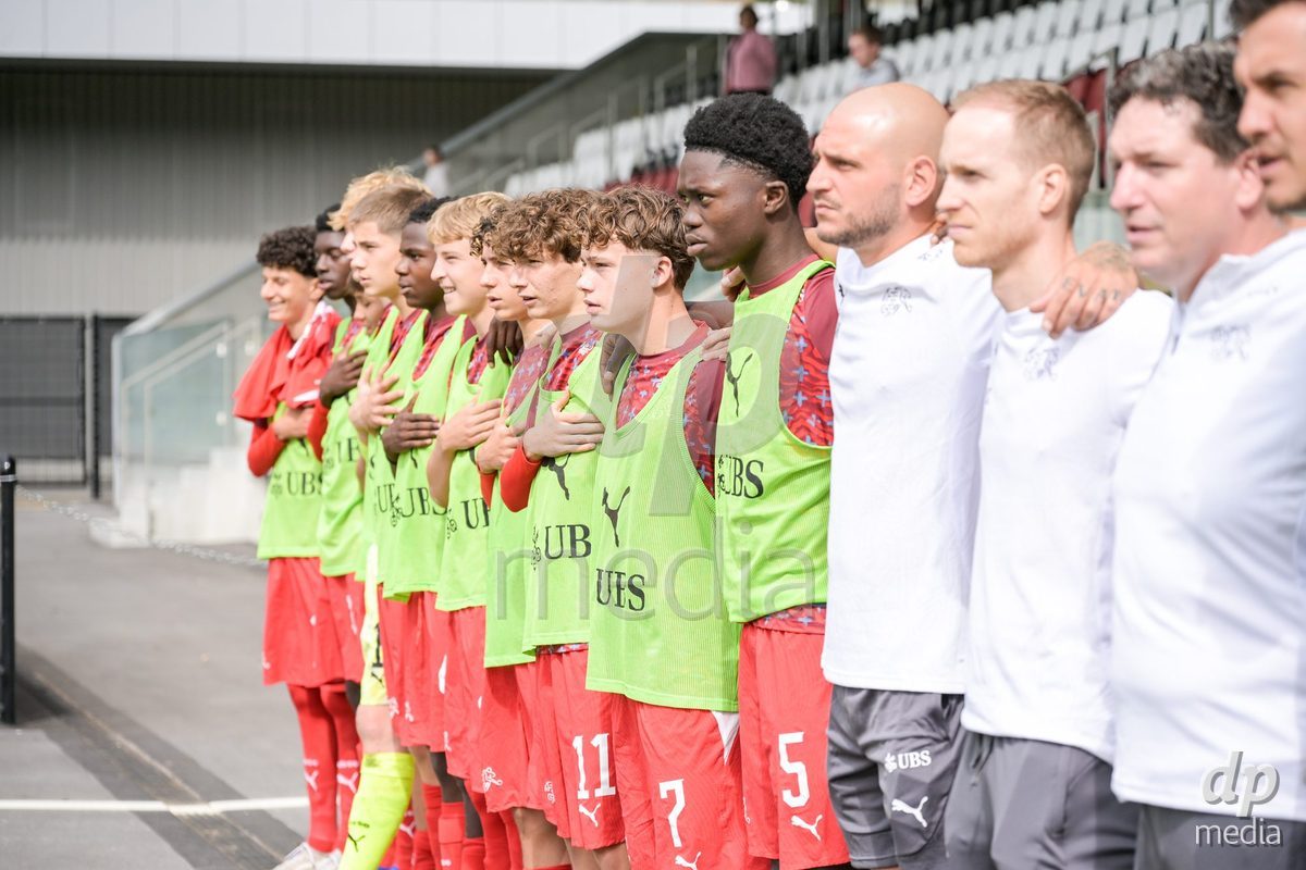 CHUR, SWITZERLAND - September 10: The Switzerland U16 team on the pitch for the national anthem during the International friendly match between Switzerland U16 and Luxembourg U16 at Stade de Chur on September 10,2026 in Chur, Switzerland