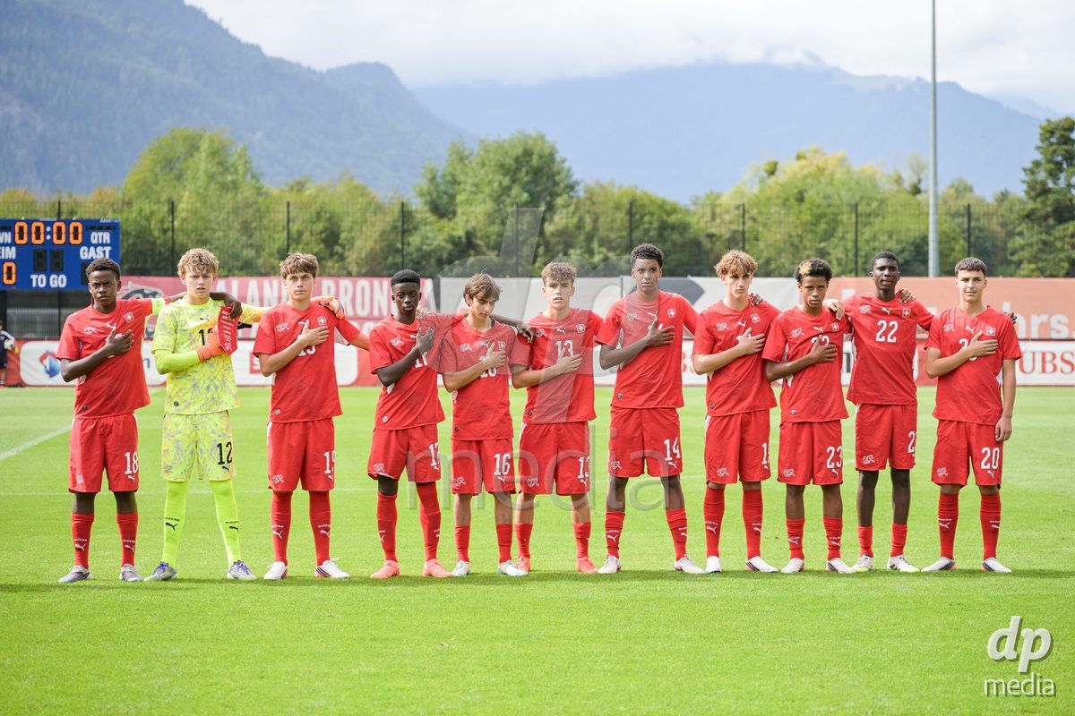 CHUR, SWITZERLAND - September 10: The Switzerland U16 team on the pitch for the national anthem during the International friendly match between Switzerland U16 and Luxembourg U16 at Stade de Chur on September 10,2026 in Chur, Switzerland