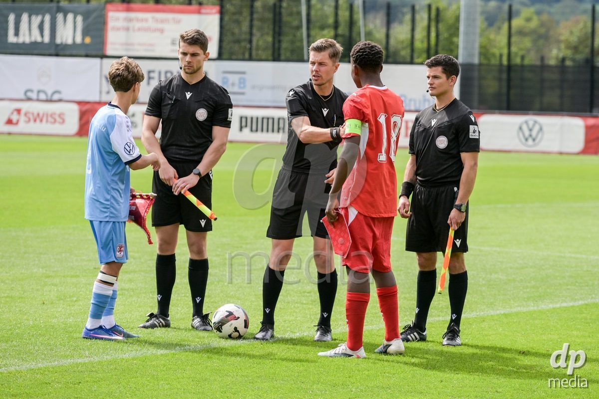 CHUR, SWITZERLAND - September 10: Exchange of pennants between Switzerland U16 and Luxembourg U16 during the International friendly match between Switzerland U16 and Luxembourg U16 at Stade de Chur on September 10,2026 in Chur, Switzerland