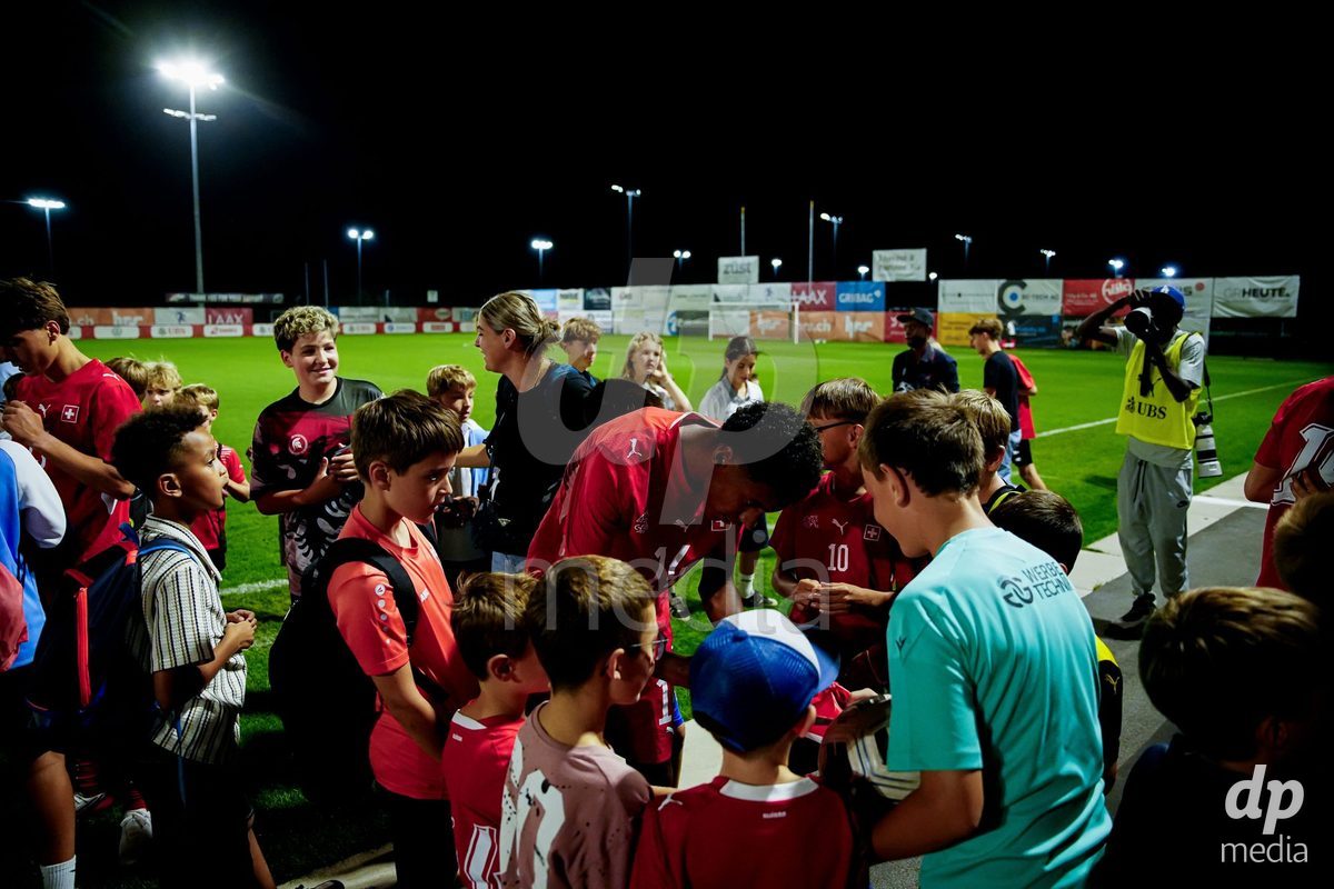 OBERE AU, Switzerland - September 8: Nolan Clavel of Switzerland with fans after the International Friendly U20 match between Switzerland and Luxembourg at TBD on September 8, 2026 in Obere Au, Switzerland.
