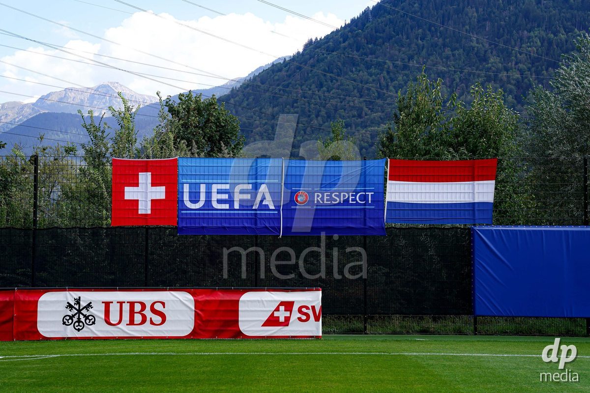 OBERE AU, Switzerland - September 8: Switzerland, Luxembourg and UEFA flags during the International Friendly U20 match between Switzerland and Luxembourg at TBD on September 8, 2026 in Obere Au, Switzerland.