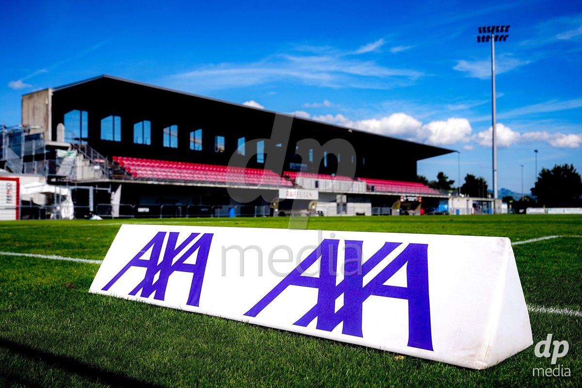 Rapperswil, Switzerland - September 12: AXA sponsor board prior to the Women's Super League match between FC Rapperswil-Jona and Servette FC Chenois Feminin at Stadion Grünfeld on September 12, 2026 in Rapperswil, Switzerland.