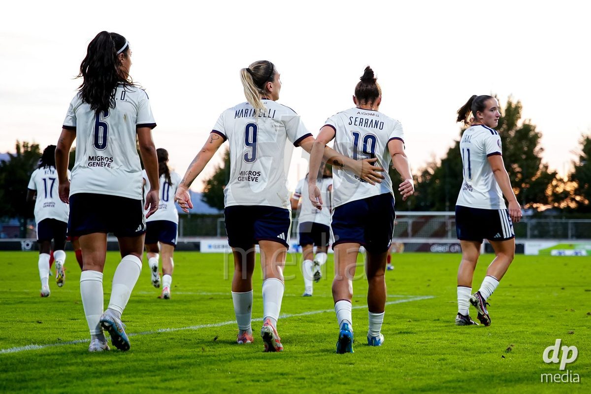 Rapperswil, Switzerland - September 12: Paula Serrano of Servette FC Chenois Feminin celebrating with team after scoring teams second goal during the AXA Women's Super League match between FC Rapperswil-Jona and Servette FC Chenois Feminin at Stadion Grünfeld on September 12, 2026 in Rapperswil, Switzerland.