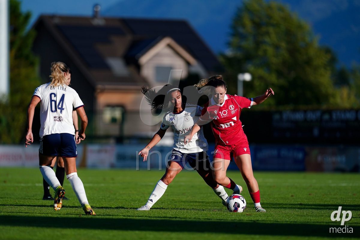Rapperswil, Switzerland - September 12: Donika Deda of FC Rapperswil-Jona (R) and Paola Hernandez (Paola Hernández) of Servette FC Chenois Feminin (L) battle for the ball during the AXA Women's Super League match between FC Rapperswil-Jona and Servette FC Chenois Feminin at Stadion Grünfeld on September 12, 2026 in Rapperswil, Switzerland.
