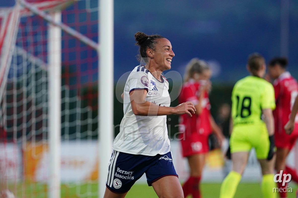Rapperswil, Switzerland - September 12: Paula Serrano of Servette FC Chenois Feminin celebrating after scoring teams second goal during the AXA Women's Super League match between FC Rapperswil-Jona and Servette FC Chenois Feminin at Stadion Grünfeld on September 12, 2026 in Rapperswil, Switzerland.