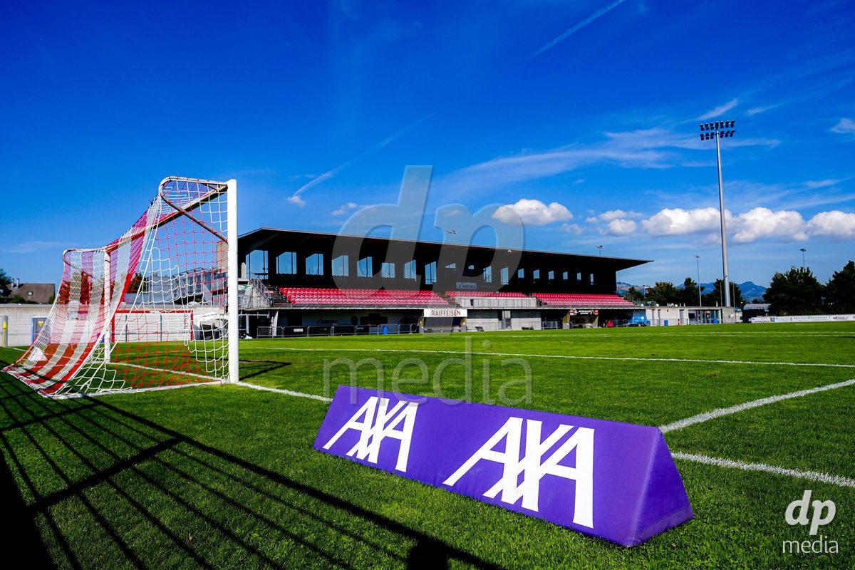 Rapperswil, Switzerland - September 12: AXA sponsor board prior to the Women's Super League match between FC Rapperswil-Jona and Servette FC Chenois Feminin at Stadion Grünfeld on September 12, 2026 in Rapperswil, Switzerland.