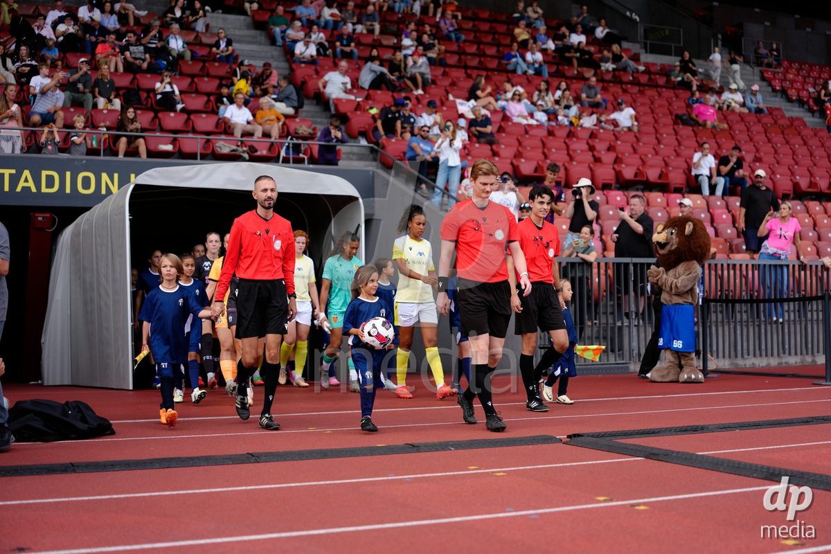 Zurich, Switzerland - September 13: Referee Samuel Gubic, Assistant Referee 1 Nemanja Ristic and Assistant Referee 2 Nico Rechsteiner before the AXA Women's Super League match between FC Zurich and FC Basel 1893 at Stadion Letzigrund on September 13, 2026 in Zurich, Switzerland.