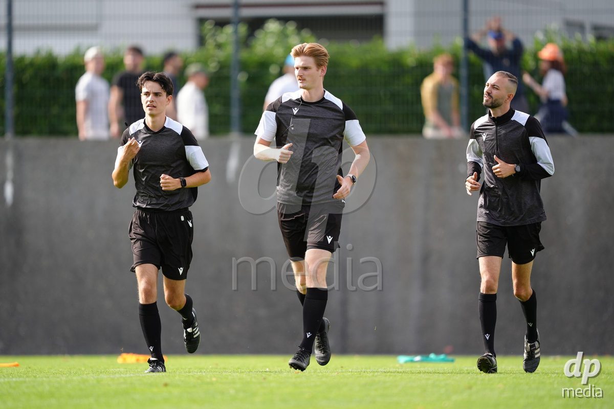 Zurich, Switzerland - September 13: Referee Samuel Gubic, Assistant Referee 1 Nemanja Ristic and Assistant Referee 2 Nico Rechsteiner  during warmup before the AXA Women's Super League match between FC Zurich and FC Basel 1893 at Stadion Letzigrund on September 13, 2026 in Zurich, Switzerland.