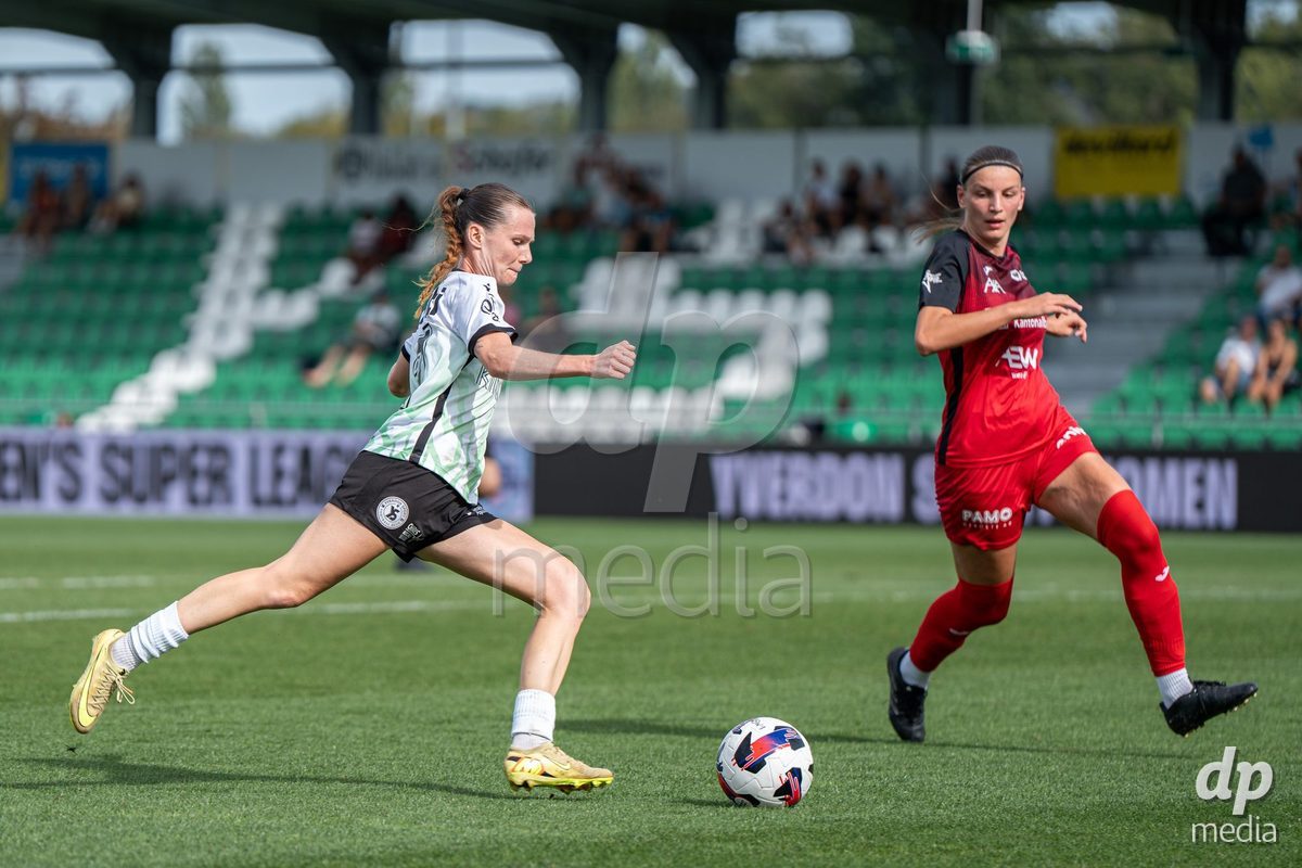 YVERDON-LES-BAINS - SWITZERLAND - SEPTEMBER 13 : Michelle Sager of Yverdon Sport Women takes a shot during the AXA Women's Super League match between Yverdon Sport Women and FC Aarau Frauen at Stade Municipal on September 13, 2026 in Yverdon-les-Bains, Switzerland.