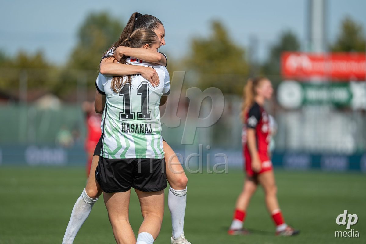 YVERDON-LES-BAINS - SWITZERLAND - SEPTEMBER 13 : Andrea Maddalen Sierra Larrauri of Yverdon Sport Women and Denisa Hasanaj of Yverdon Sport Women celebrates the goal (2-1) during the AXA Women's Super League match between Yverdon Sport Women and FC Aarau Frauen at Stade Municipal on September 13, 2026 in Yverdon-les-Bains, Switzerland.