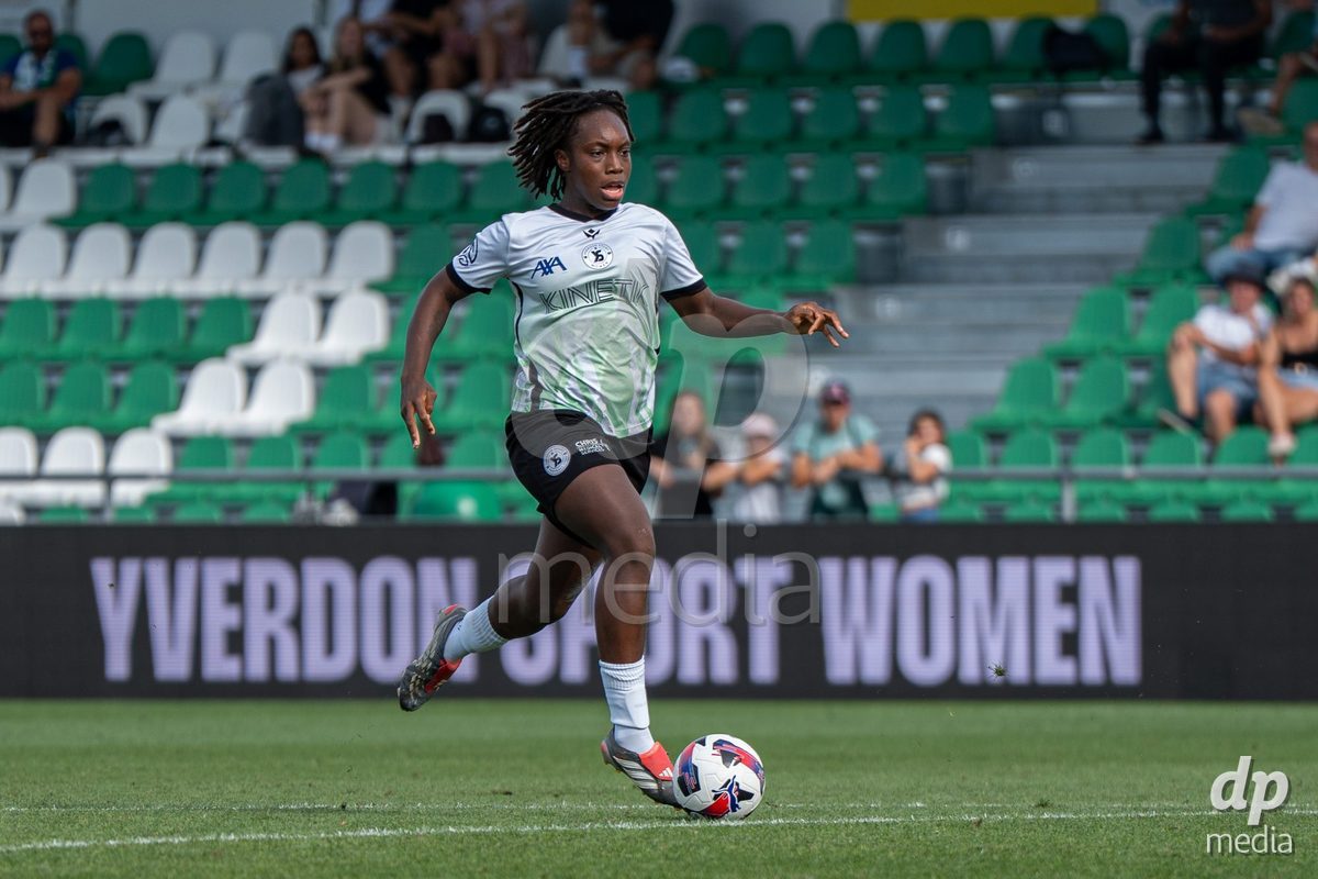YVERDON-LES-BAINS - SWITZERLAND - SEPTEMBER 13 : Maeva Sogan of Yverdon Sport Women drives the ball during the AXA Women's Super League match between Yverdon Sport Women and FC Aarau Frauen at Stade Municipal on September 13, 2026 in Yverdon-les-Bains, Switzerland.
