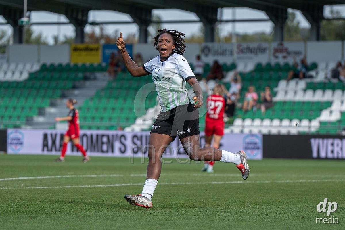 YVERDON-LES-BAINS - SWITZERLAND - SEPTEMBER 13 : Maeva Sogan of Yverdon Sport Women celebrates the goal (3-1) during the AXA Women's Super League match between Yverdon Sport Women and FC Aarau Frauen at Stade Municipal on September 13, 2026 in Yverdon-les-Bains, Switzerland.