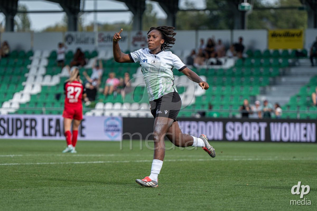 YVERDON-LES-BAINS - SWITZERLAND - SEPTEMBER 13 : Maeva Sogan of Yverdon Sport Women celebrates the goal (3-1) during the AXA Women's Super League match between Yverdon Sport Women and FC Aarau Frauen at Stade Municipal on September 13, 2026 in Yverdon-les-Bains, Switzerland.