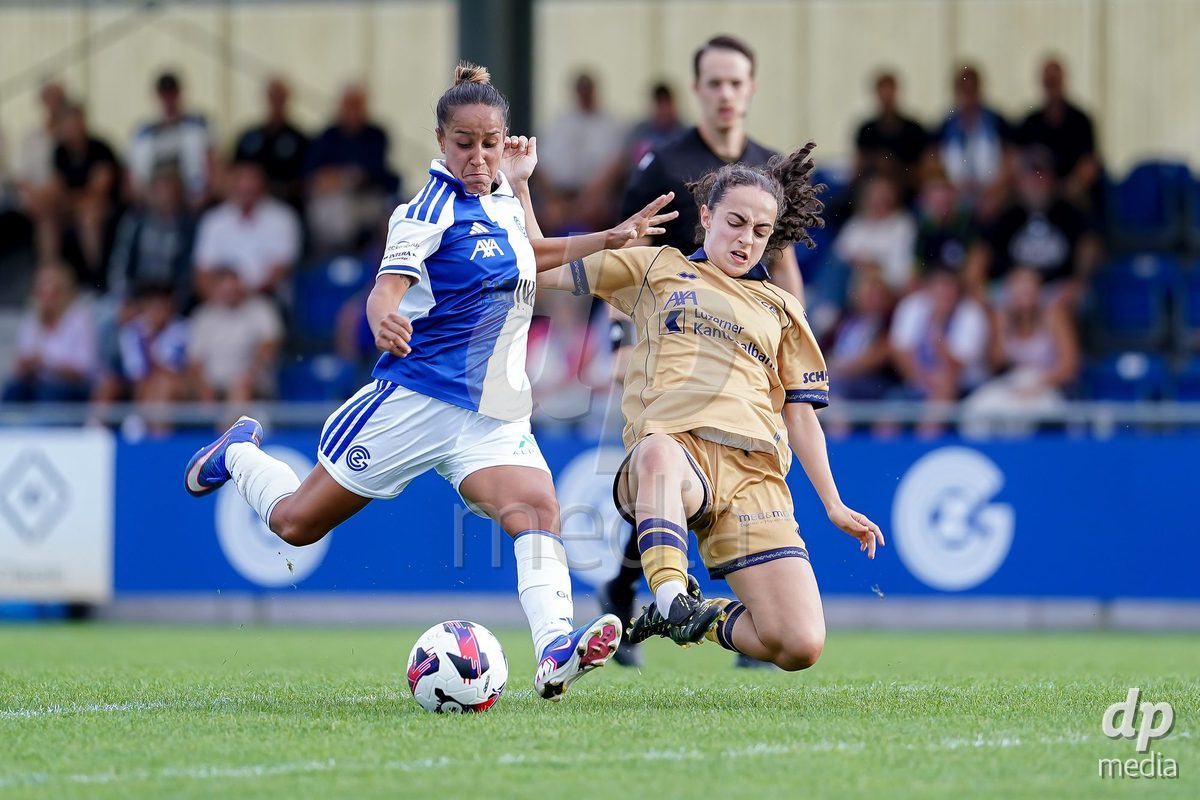 NIEDERHASLI, SWITZERLAND - September 13: Michelle Gigante of FC Luzern (R) and Dalila Belen Ippolito of GC Frauenfussball (L) battle for the ball during the AXA Women's Super League match between GC Frauenfussball and FC Luzern at GC Campus on September 13, 2026 in Niederhasli, Switzerland.