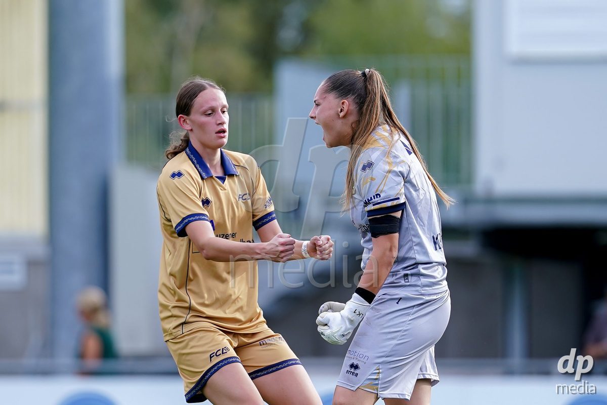 NIEDERHASLI, SWITZERLAND - September 13: Lea Kramoviku of FC Luzern (R) celebrating after a saving during the AXA Women's Super League match between GC Frauenfussball and FC Luzern at GC Campus on September 13, 2026 in Niederhasli, Switzerland.