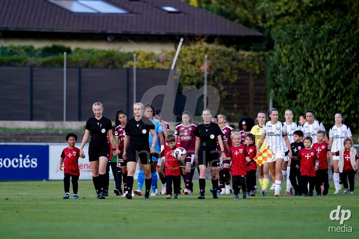 GENEVA, SWITZERLAND - SEPTEMBER 18: Referees Jessica Steiner (R), Aline Rosset (M), and Noa Stutzmann (L) during the AXA Women's Super League match between Servette FC Chenois Feminin and FC Zurich at Stade de Trois-Chene on September 18, 2026 in Geneva, Switzerland.