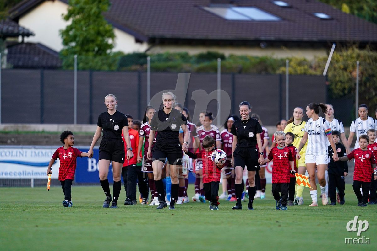 GENEVA, SWITZERLAND - SEPTEMBER 18: Referees Jessica Steiner (R), Aline Rosset (M), and Noa Stutzmann (L) during the AXA Women's Super League match between Servette FC Chenois Feminin and FC Zurich at Stade de Trois-Chene on September 18, 2026 in Geneva, Switzerland.