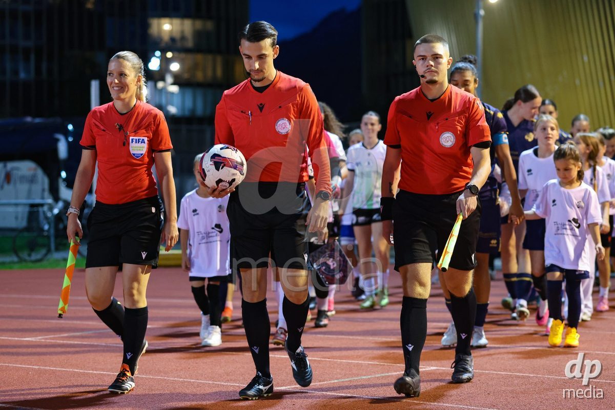 LUZERN, SWITZERLAND - SEPTEMBER 18: The refereeing team as they take to the pitch of the AXA Women's Super League match between FC Luzern and FC Yverdon Women at Hubelmatt on September 18, 2026 in Luzern, Switzerland.