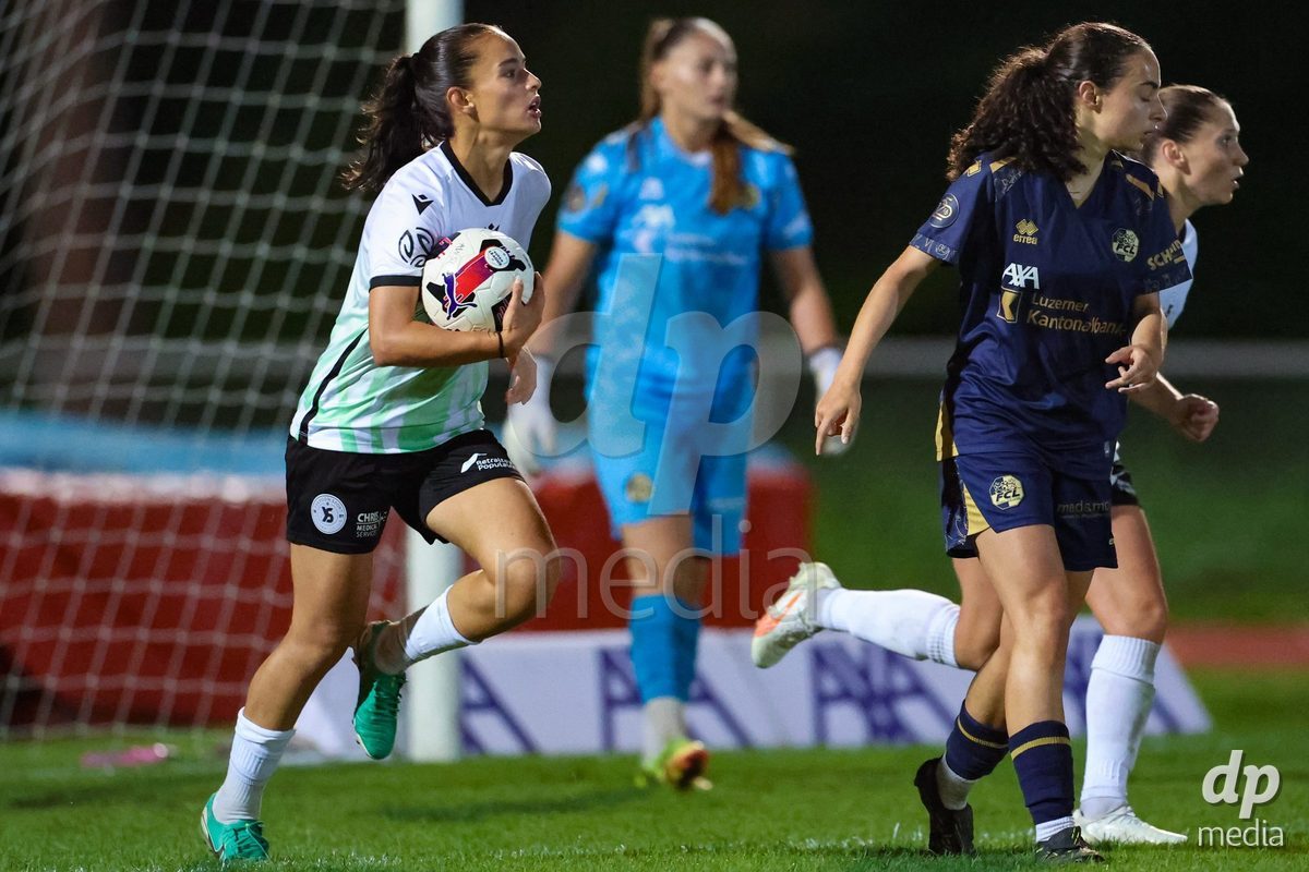 LUZERN, SWITZERLAND - SEPTEMBER 18: Goalscorer Ines Khiri (9, Yverdon Sport FC) during the AXA Women's Super League match between FC Luzern and FC Yverdon Women at Hubelmatt on September 18, 2026 in Luzern, Switzerland.
