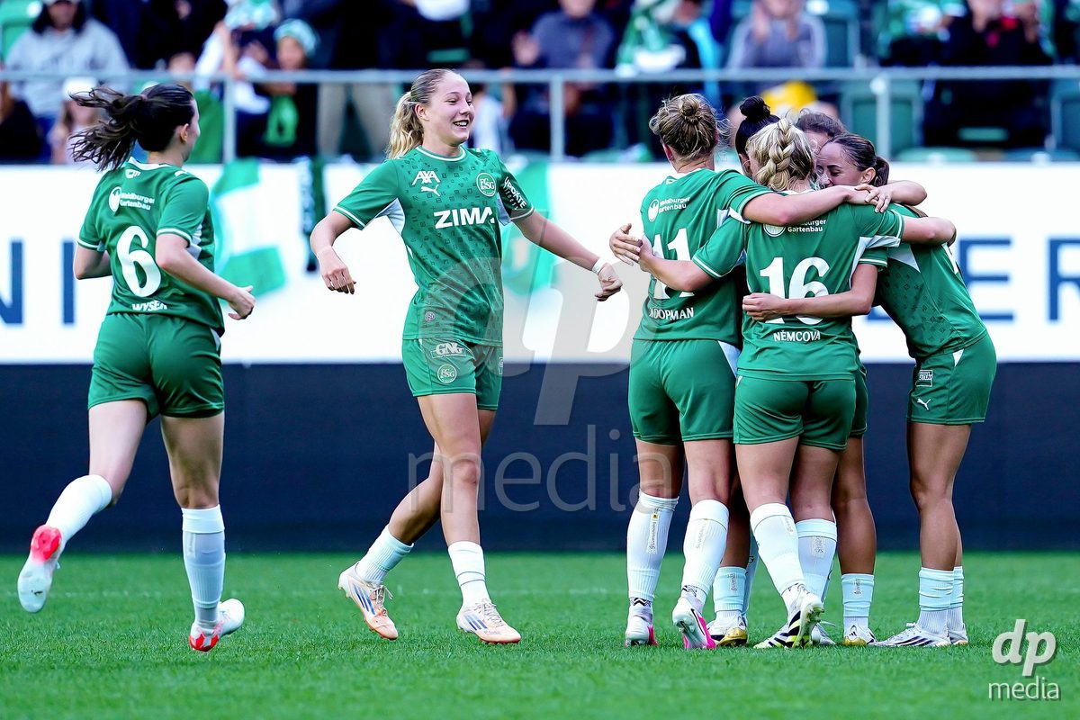 ST. GALLEN, SWITZERLAND - SEPTEMBER 19: Alzbeta Nemcova of St.Gallen 1879 celebrating with team after scoring teams first goal during the AXA Women's Super League match between FC St. Gallen 1879 and GC Frauenfussball at Berit Sitterstadion on September 19, 2026 in St. Gallen, Switzerland.