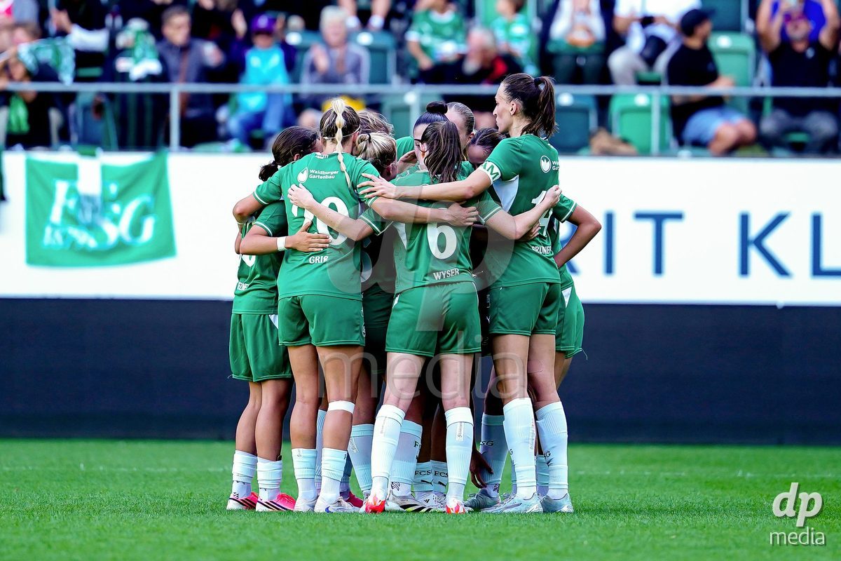 ST. GALLEN, SWITZERLAND - SEPTEMBER 19: Alzbeta Nemcova of St.Gallen 1879 celebrating with team after scoring teams first goal during the AXA Women's Super League match between FC St. Gallen 1879 and GC Frauenfussball at Berit Sitterstadion on September 19, 2026 in St. Gallen, Switzerland.