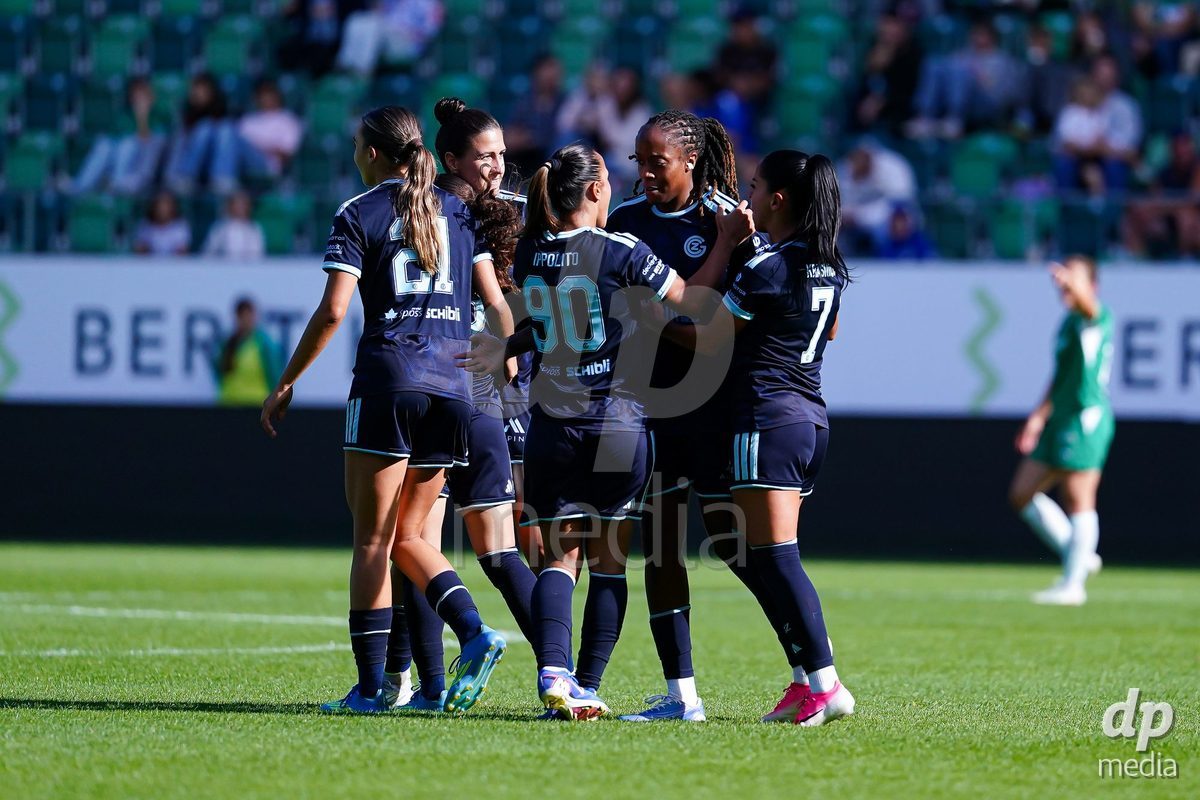 ST. GALLEN, SWITZERLAND - SEPTEMBER 19: Paige Bailey-Gayle of GC Frauenfussball celebrating with team after scoring teams first goal during the AXA Women's Super League match between FC St. Gallen 1879 and GC Frauenfussball at Berit Sitterstadion on September 19, 2026 in St. Gallen, Switzerland.