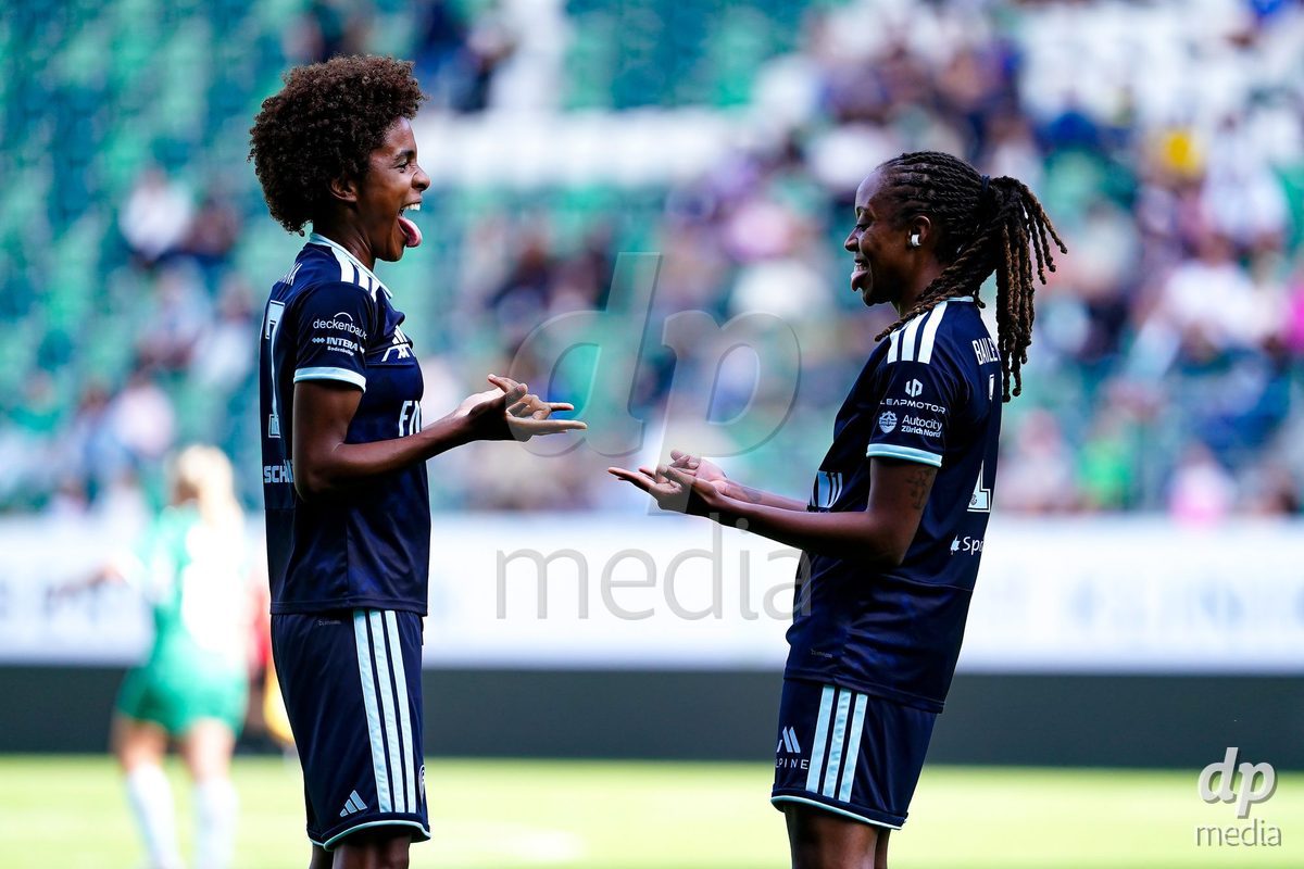 ST. GALLEN, SWITZERLAND - SEPTEMBER 19: Paige Bailey-Gayle of GC Frauenfussball celebrating with team after scoring teams third goal during the AXA Women's Super League match between FC St. Gallen 1879 and GC Frauenfussball at Berit Sitterstadion on September 19, 2026 in St. Gallen, Switzerland.