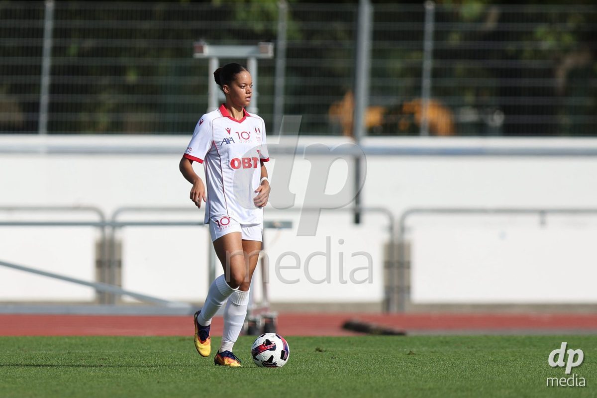 BASEL, SWITZERLAND - September 19: 5 Naika Mayor of FC Rapperswil-Jona in action with ball during the AXA Women's Super League match between FC Basel and FC Rapperswil-Jona at Leichtathletik-stadion on September 19, 2026 in Basel, Switzerland.