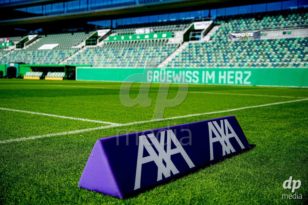 ST. GALLEN, SWITZERLAND - SEPTEMBER 19: AXA sponsoring banner during the AXA Women's Super League match between FC St. Gallen 1879 and GC Frauenfussball at Berit Sitterstadion on September 19, 2026 in St. Gallen, Switzerland.