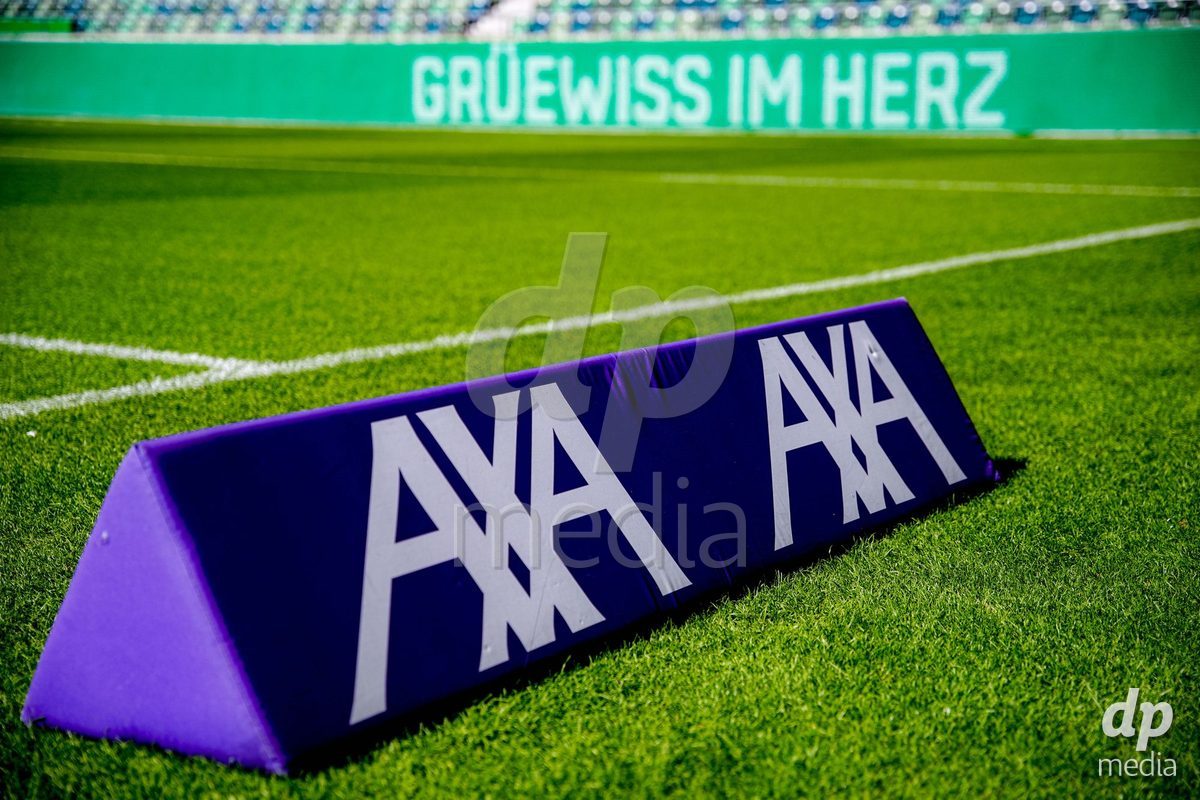 ST. GALLEN, SWITZERLAND - SEPTEMBER 19: AXA sponsoring banner during the AXA Women's Super League match between FC St. Gallen 1879 and GC Frauenfussball at Berit Sitterstadion on September 19, 2026 in St. Gallen, Switzerland.