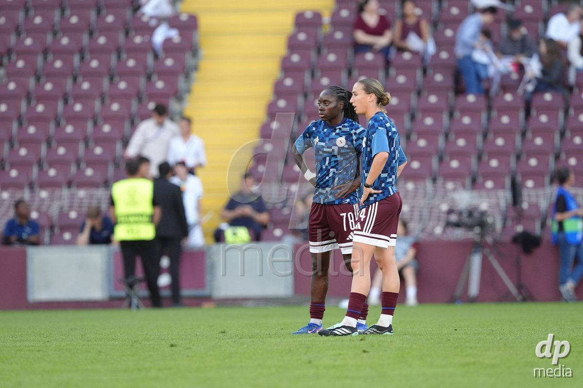 GENEVA, SWITZERLAND - SEPTEMBER 23: Benedicte Simon and Laia Balleste of Servette FC Chenois Feminin during warmup before the UEFA Women's Champions League match between Servette FC Chenois Feminin and OL Lyonnes at Stade de Geneve on September 23, 2026 in Geneva, Switzerland.